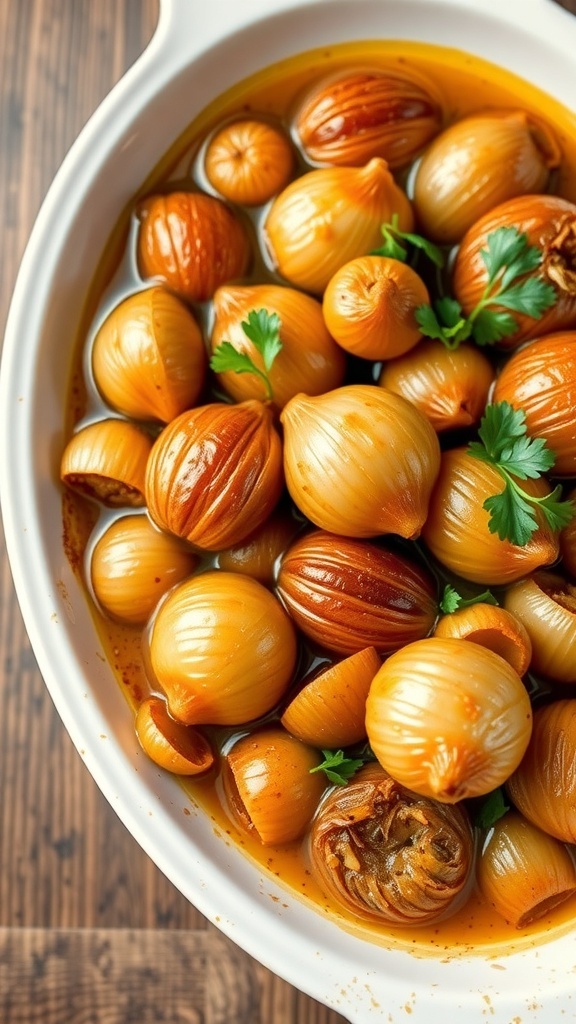 Tender whole onions in broth, garnished with parsley on a rustic platter.